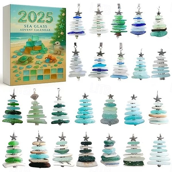 2025年 シーグラスのクリスマスツリーアドベントカレンダー、2Dアクリルシーグラスツリー、24日間のクリスマスカウントダウンカレンダー、24個のミニチュアクリスマスツリーオーナメント、海をテーマにしたホリデーサプライズ  コレクション – $19.99 –P1