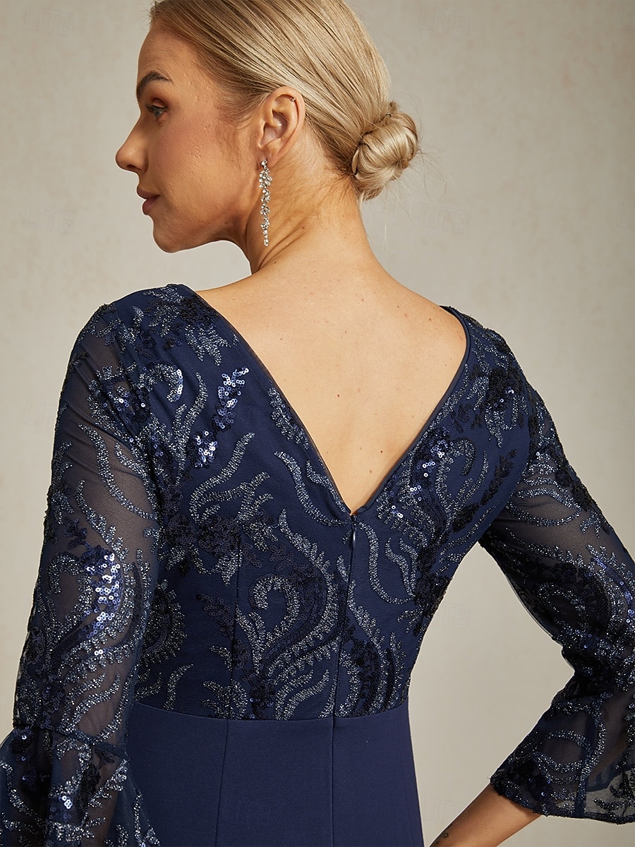 Kvinnors paljetterad miniklänning kroppsnära klänning elegant fest blommig 3/4 längd ärm crew neck marinblå sommar vår höst 2025 - $27.99 –P3
