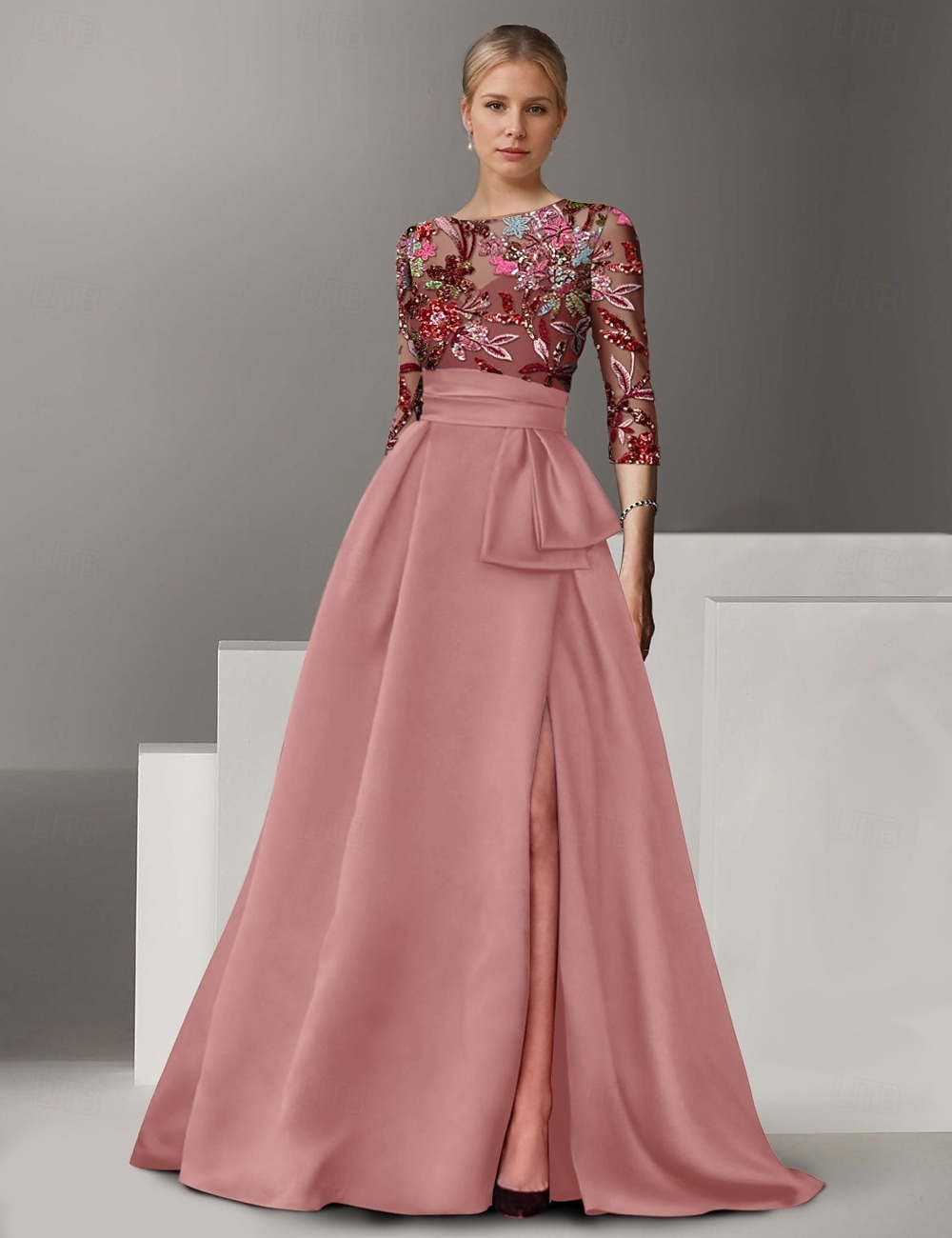 Abito da Sera A-Line Ricamato Floreale Elegante Formale Matrimonio Lungo Fino al Pavimento Mezza Manica Collo a Camicia di Satin con Fiocco(e) Spacco del 2025 a $159.99 –P8