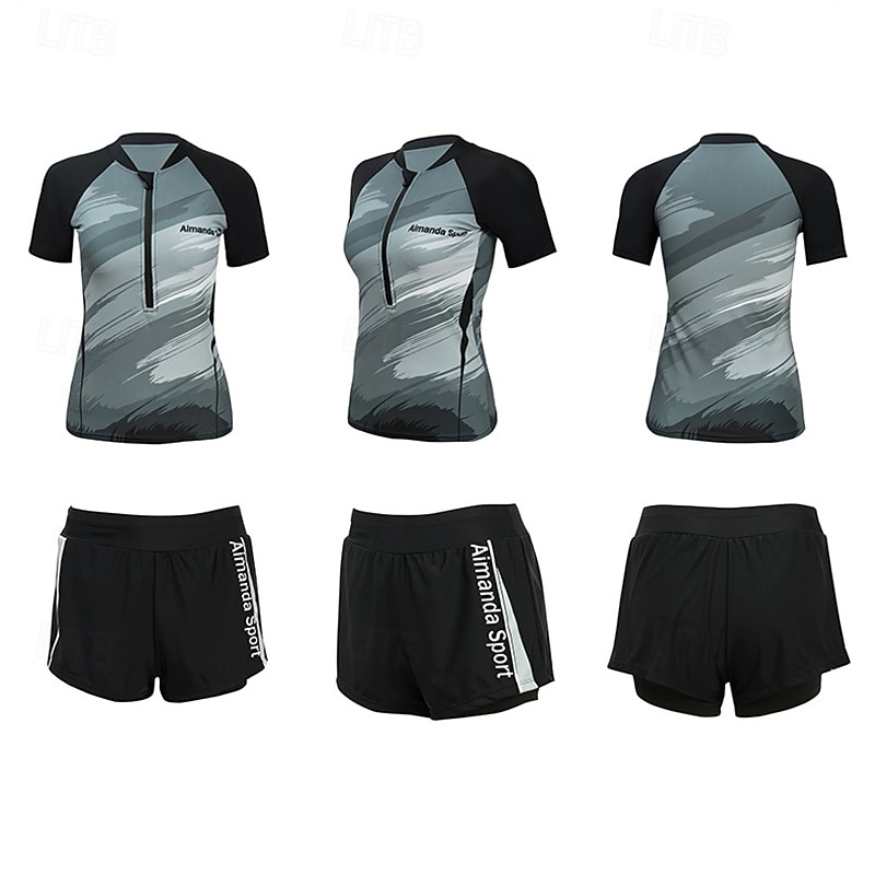 Dam Rash-guards Baddräktsset 2-delade baddräkter med shorts Lappverk Dragkedja fram UPF50+ Snabb tork Hög Elasisitet Kortärmad Badkläder Surfing Dykning Snorkelfenor Sommar 2026 - $40.99 –P15