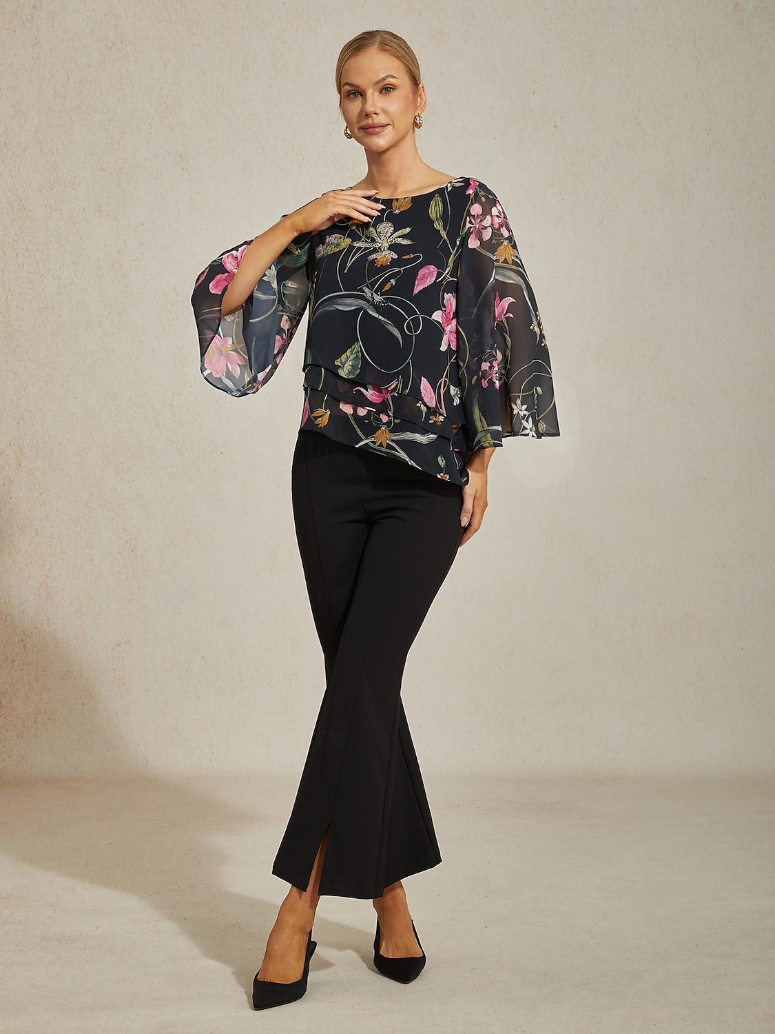 Blusa de mujer negra floral, manga 3/4, suelta, cuello redondo, informal, elegante, para vacaciones, primavera, verano y otoño. 2026 - $15.99 –P3