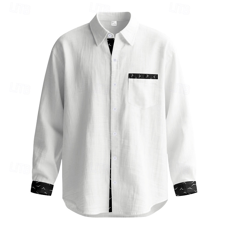 Herr Skjorta Linneskjorta Casual skjorta Knapp upp skjorta Bomullskjorta Färgblock Streetwear Semester Kaki Grå Ljusblå Långärmad Kavajslag Vår Höst Kläder Lappverk 2026 - $28.99 –P7