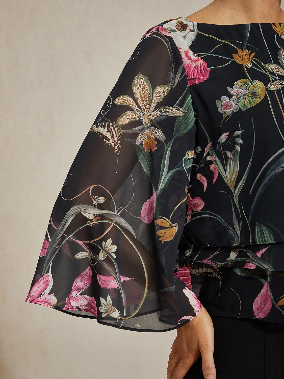 Blusa de mujer negra floral, manga 3/4, suelta, cuello redondo, informal, elegante, para vacaciones, primavera, verano y otoño. 2026 - $15.99 –P6