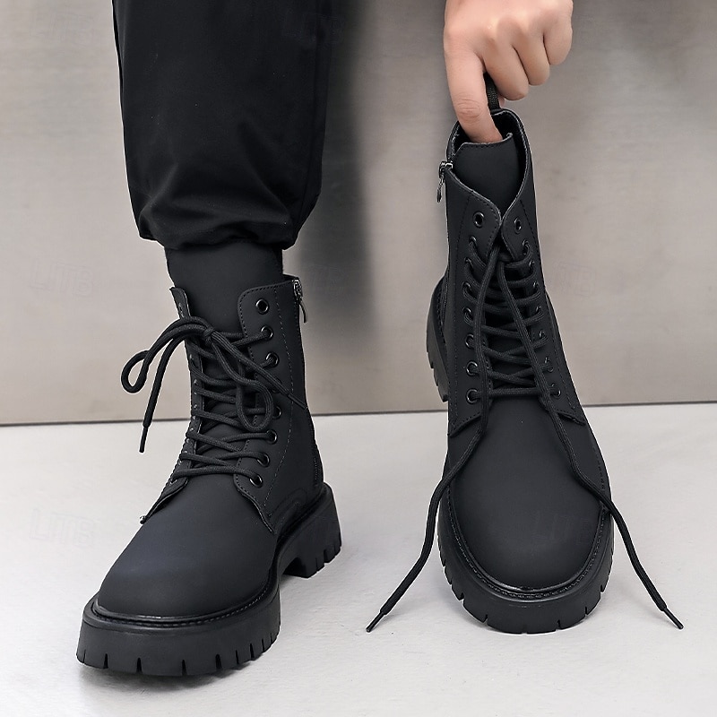 Svarte herrestøvler med snøring og glidelås på siden til kamp, slitesterkt kunstskinn, militærinspirert stil for utendørs-, arbeids- og streetwear-mote 2025 - $59.99 –P5