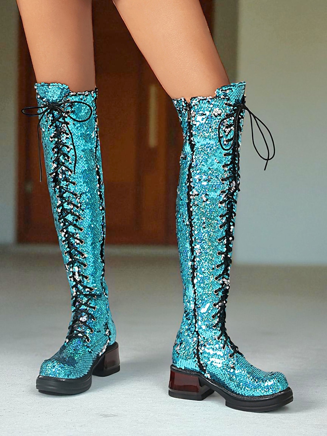 türkisfarbene, kniehohe Schnürstiefel für Damen mit Pailletten – glitzernde Party-Schuhe im Combat-Stil für das Nachtleben und Club-Outfits 2026 - $99.99 –P6