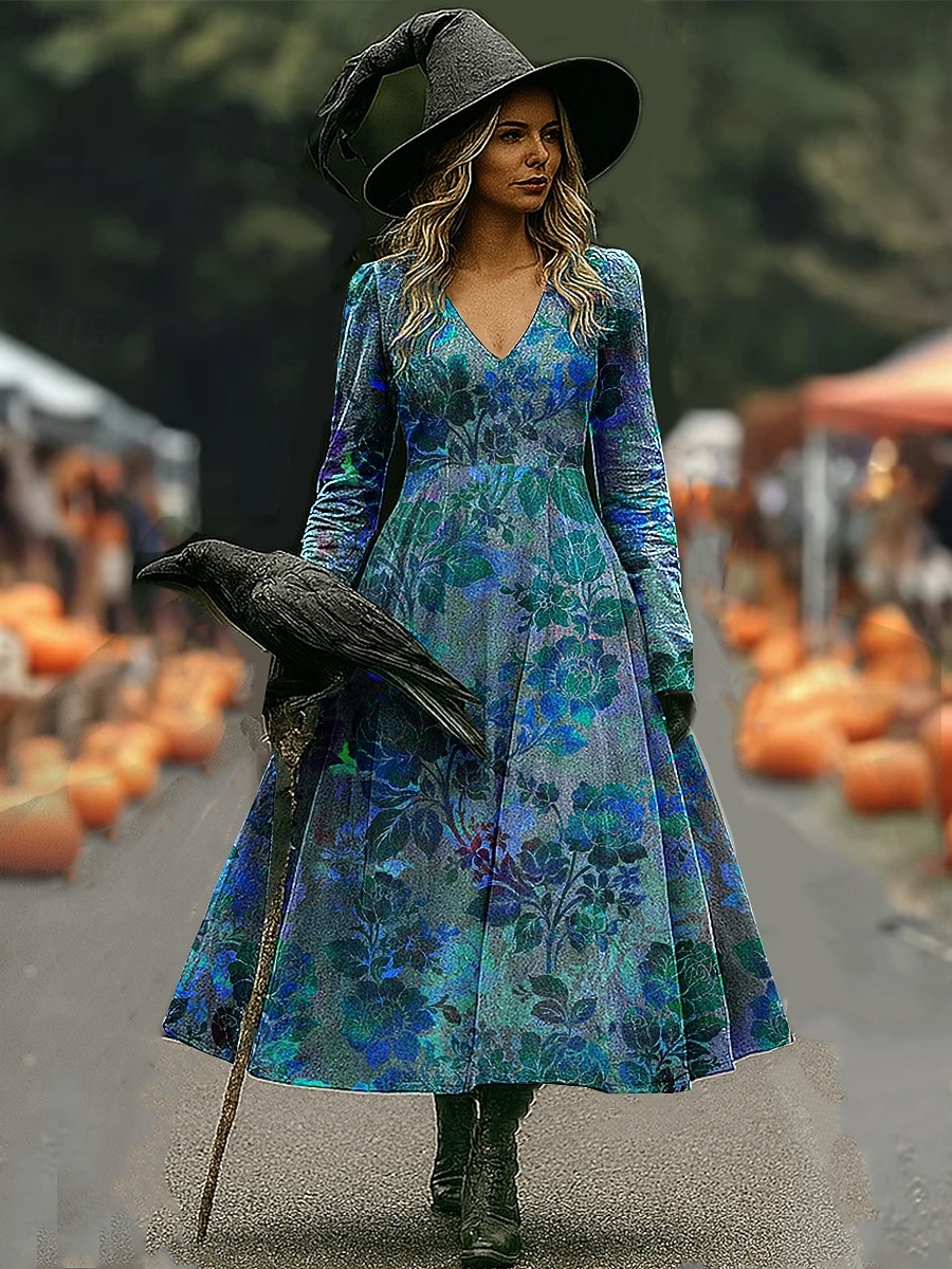 Halloween dámské šaty maxi s potiskem čarodějnice A-line šaty dovolená běžné boho pláž normální střih květinová grafika dlouhé rukávy V výstřih červená modrá fialová oranžová jaro podzim 2025 - $33.99 –P3