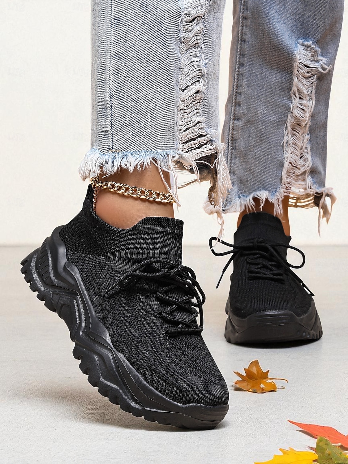 röda flyknit damsneakers med grov sula – andningsbara snörskor för avslappnad streetwear och gymträning 2026 - $29.99 –P1