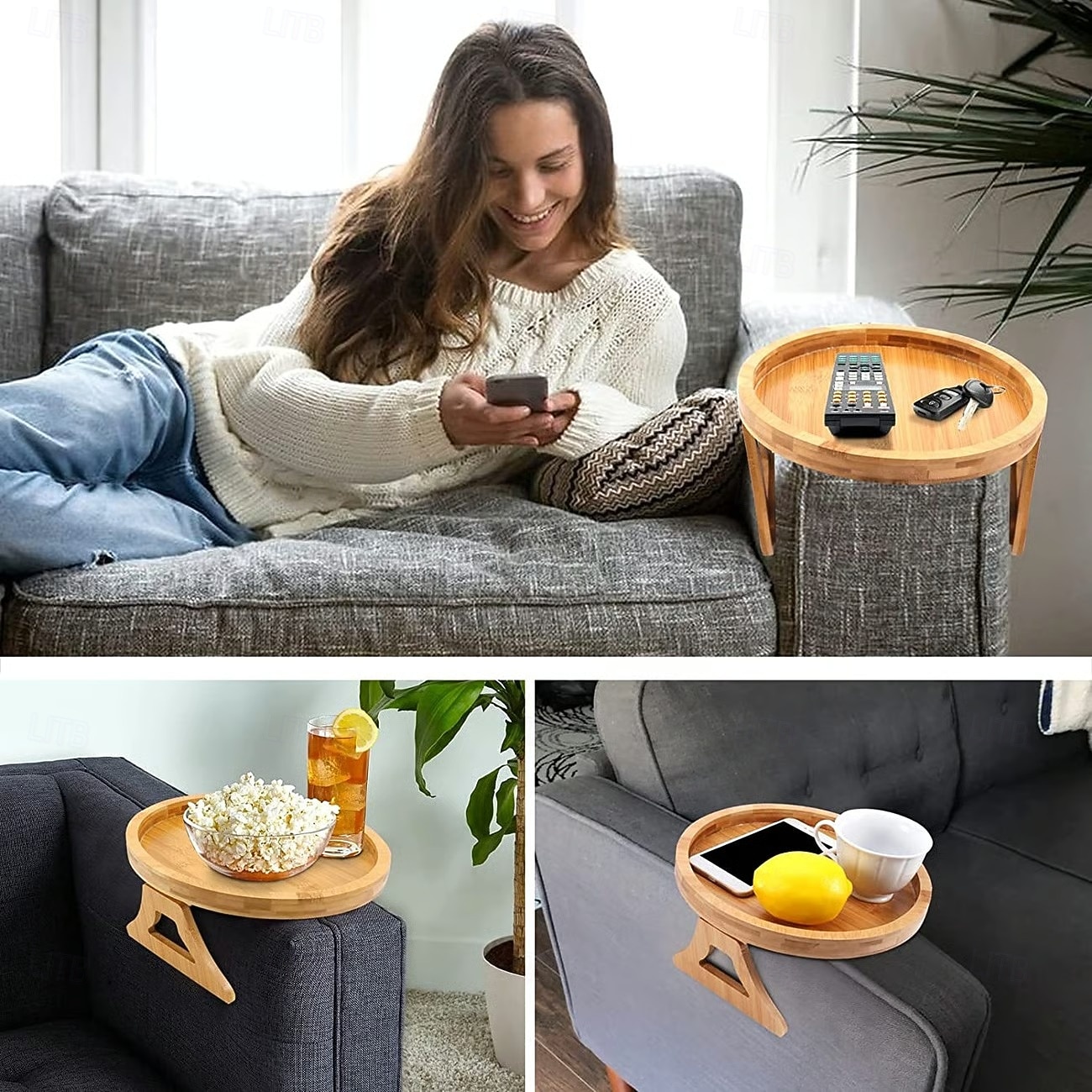 Plateau d'accoudoir de canapé en bois pliable, table ronde confortable, support de clip de bras de canapé, flexible, antidérapant, organisateur de télécommande pour boissons, collations, accessoire de 2026 ? $24.99 –P4