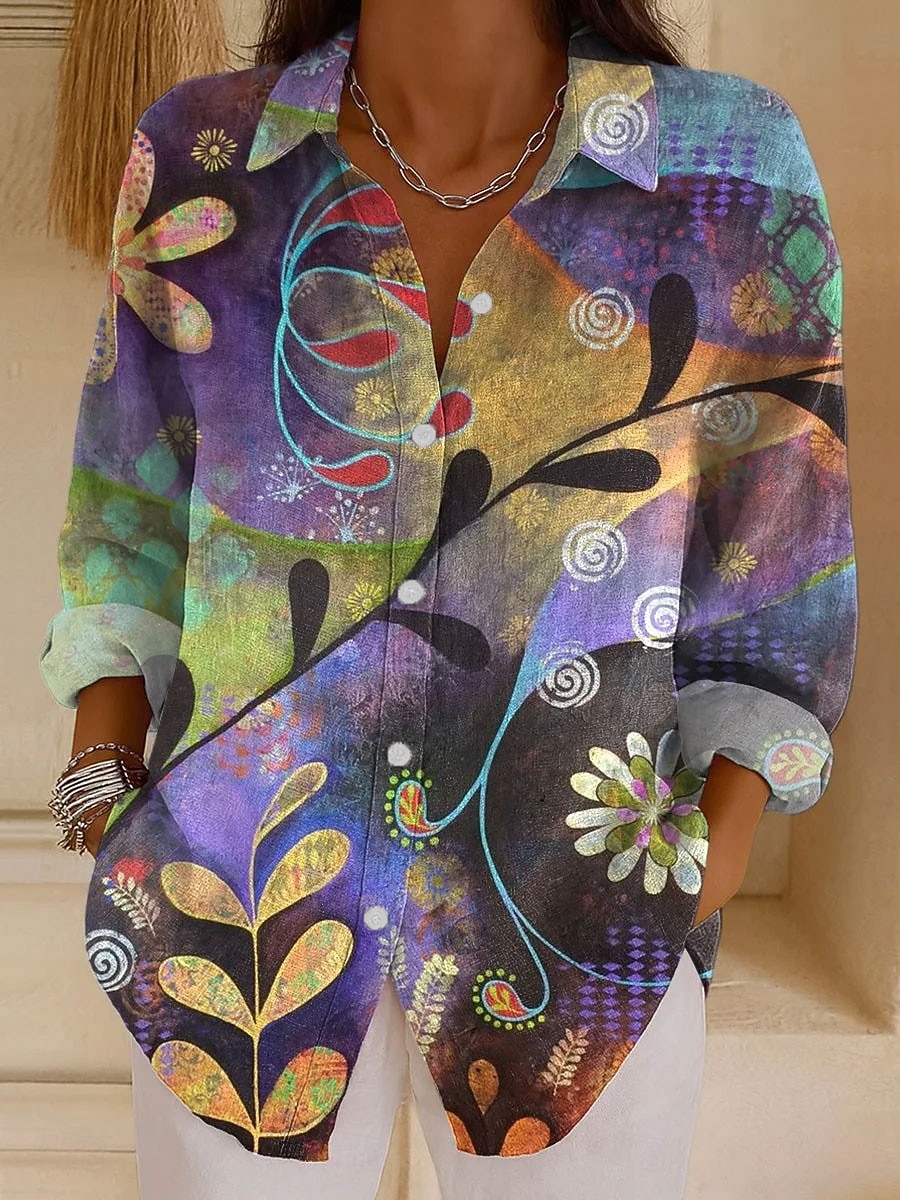  Dámská košile z lněného materiálu prodyšná lehká grafická geometrická abstraktní vintage tropická každodenní dlouhý rukáv límec běžné topy každodenní prázdninový potisk černá červená modrá fialová 2026 - $36.99 –P2