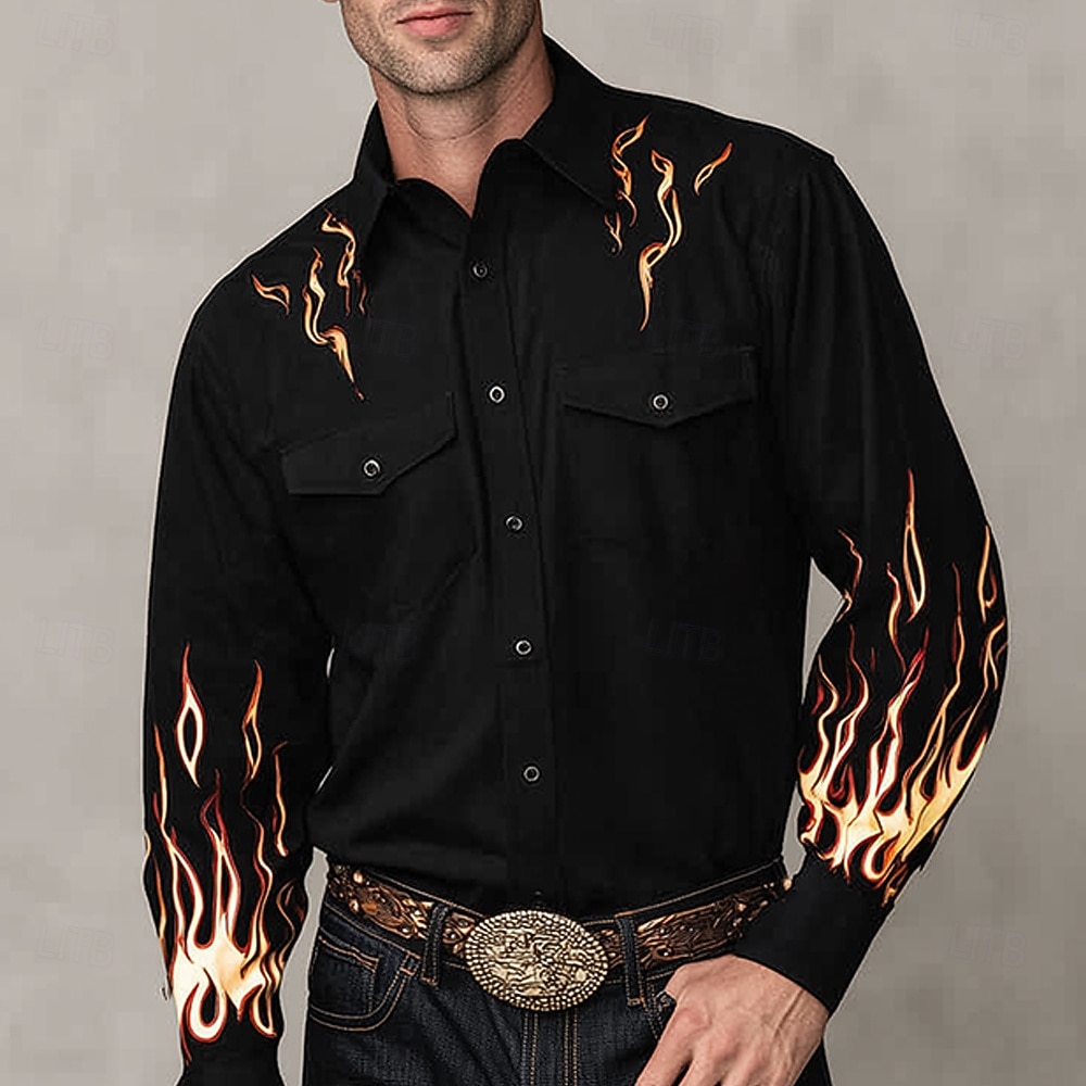 Homens Labareda Camisa Social camisa ocidental Camisa de caubói Manga Longa Vintage retrô Casual Ao ar livre Roupa de Trabalho Primavera Outono Aberto para a Lateral Dois bolsos frontais Camisa tipo de 2026 por $27.99 –P2