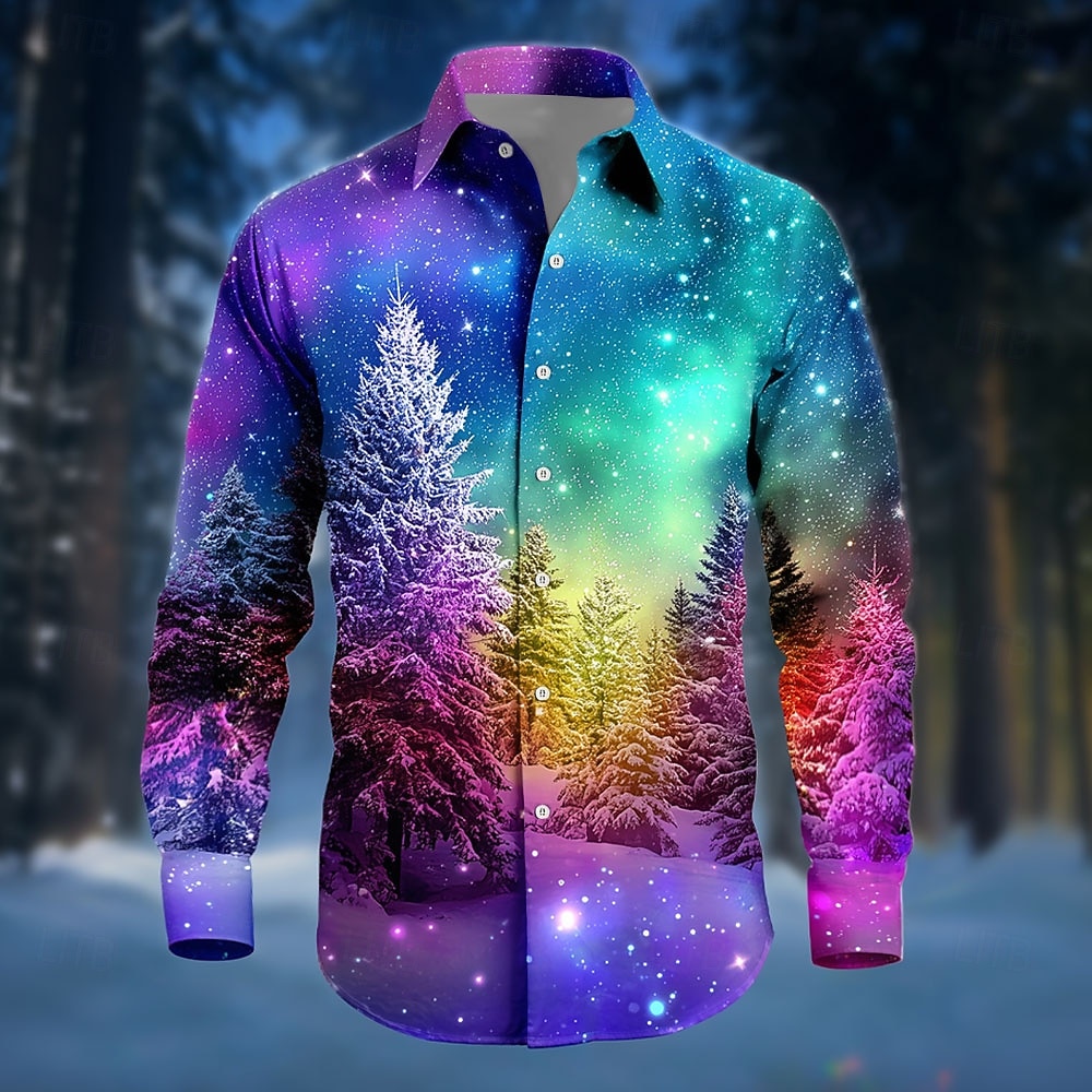Navidad Hombre Árbol de Navidad Aurora Disfraz de Navidad Camisa Abotonar la camisa Manga Larga Gracioso Exterior Festivos Primavera Otoño Cuello Vuelto Impresión 3D camisas con cuello Azul 1# Azul 2025 - $26.99 –P5