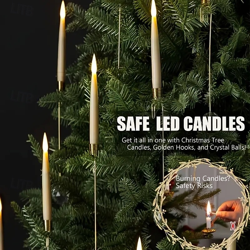 12-pakning LED-flammeløse flimrende lys med fjernkontroll og krystallkulekroker. Batteridrevne flammeløse, koniske lys, ideelle for jul, valentinsdagen og bryllupsdekorasjoner. 2025 - $67.99 –P3