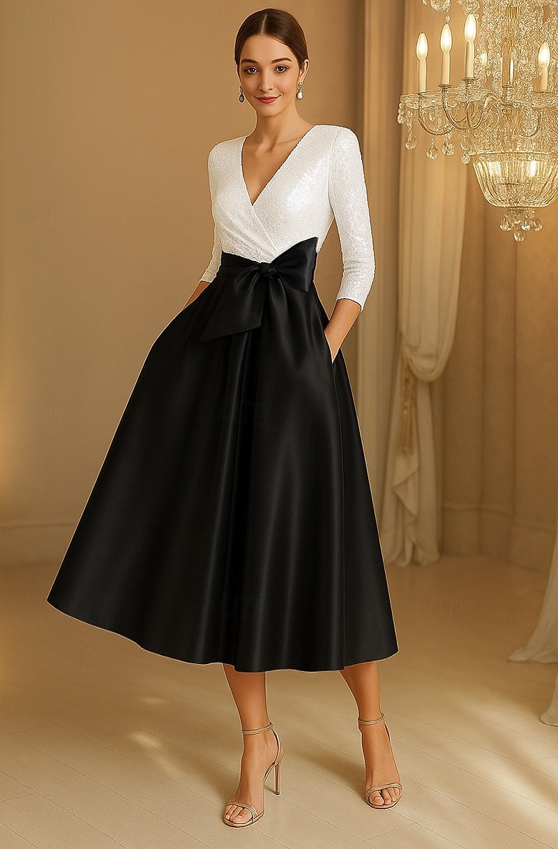 Linia -A Rochii de cocktail Elegant Rochie formală Oficial Nuntă Lungimea ceaiului Lungime Manșon 3/4 În V Satin întins cu Arc 2025 2025 - $164.99 –P6