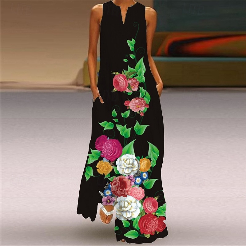 Dame Lang kjole Maxikjole Floral kjole Print kjole Mote Moderne utendørs Feriereise Ut på byen Normal Blomstret Ermeløs V-hals Svart Hvit Gul Rød Vår Høst 2026 - $25.99 –P6