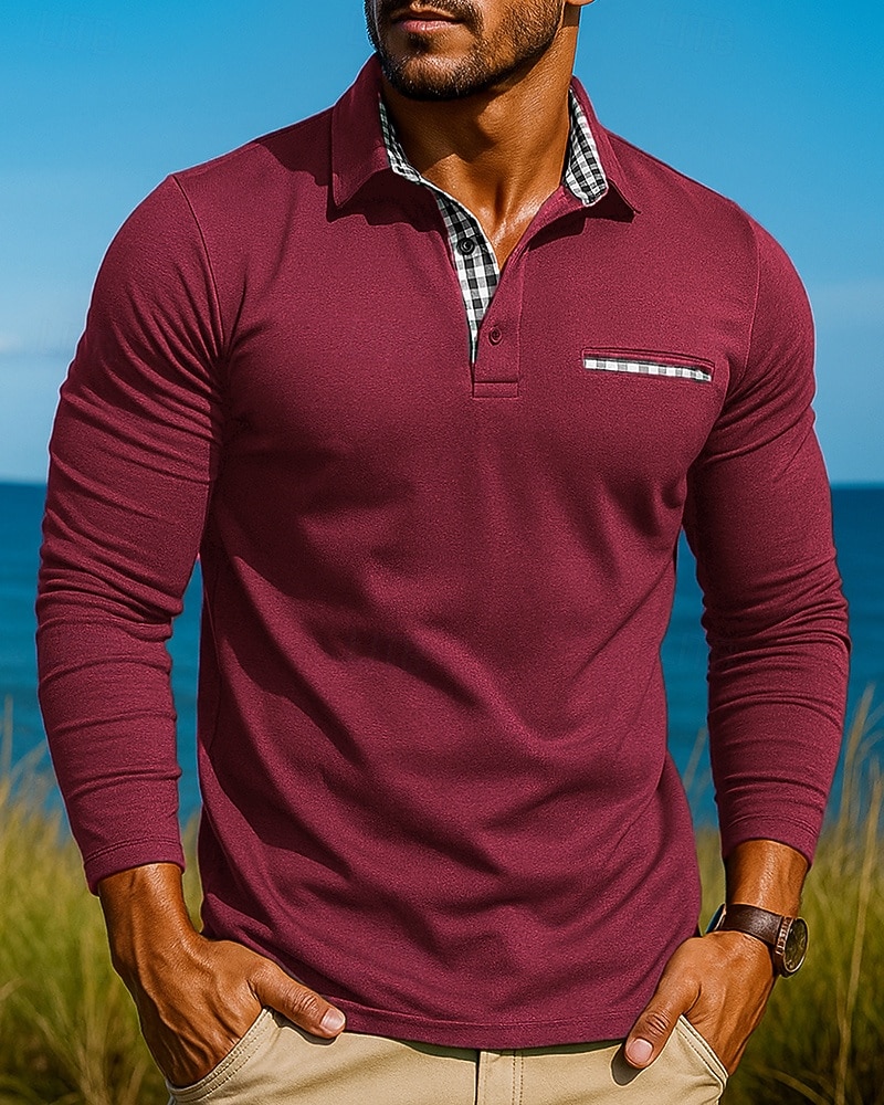 Herre POLO T-skjorte Langermet Aftæpning Topper Utendørs Pustende Vår Høst Polyester Svart Militærgrønn Rød Tennis Golf Løp 2026 - $26.99 –P6