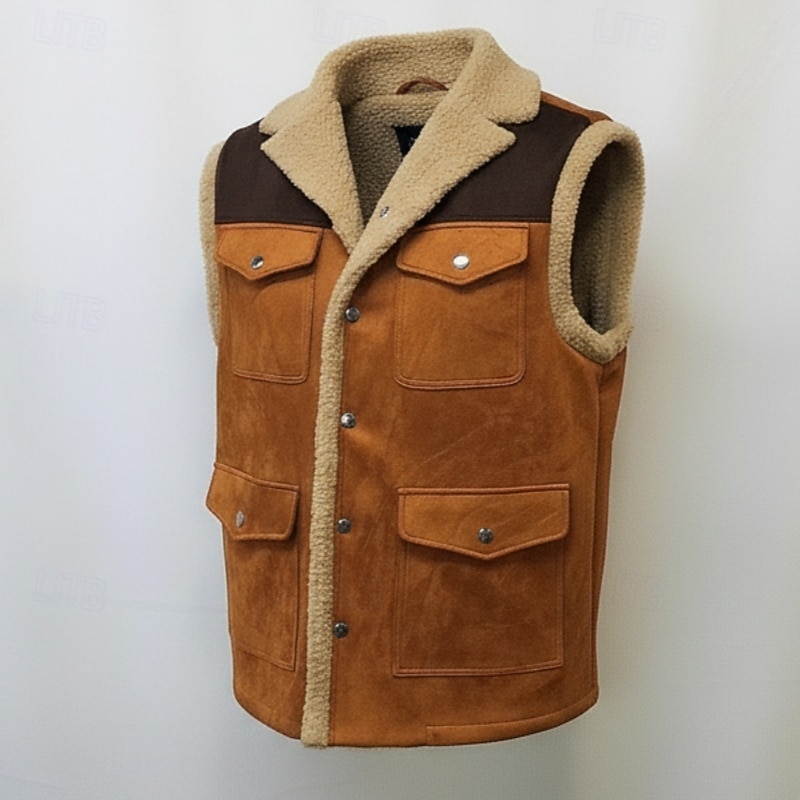 Herren Weste aus Wildlederimitat Fleeceweste Outdoor Lässig Täglich Mode Retro Herbst Winter Tasche Polyester Thermowarm Bequem Farbblock Reisverschluss Revers Normale Passform Braun Weste 2025 - $58.99 –P2