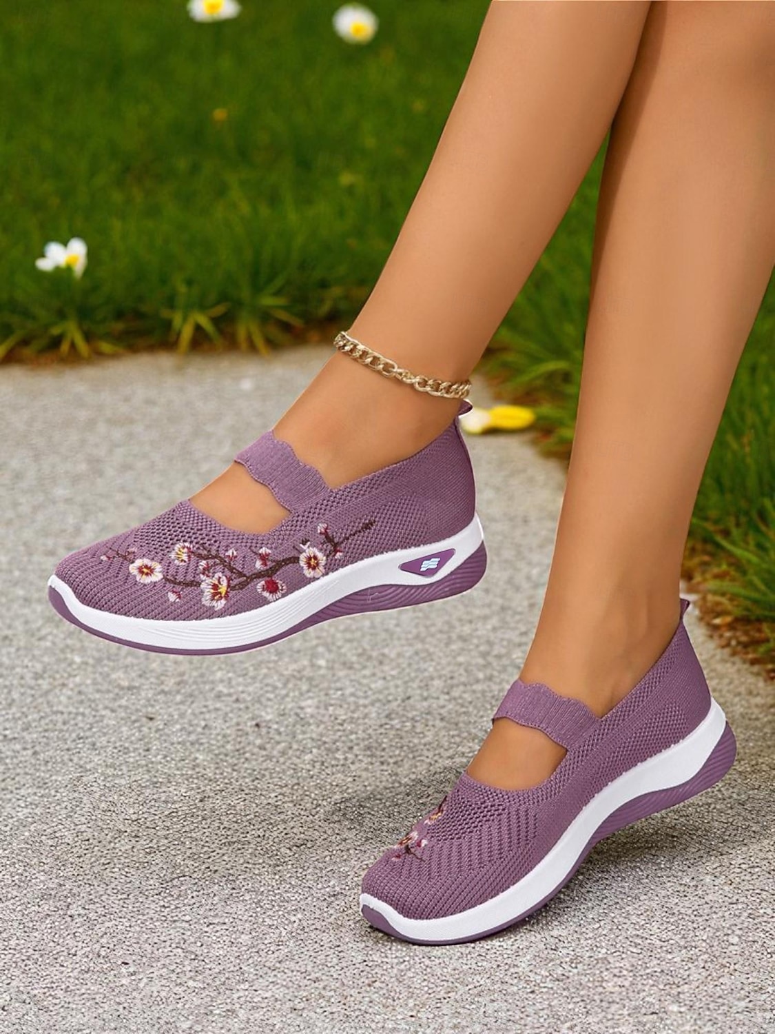 sneakers da donna modello Mary Jane in Flyknit viola con ricami floreali, scarpe leggere e traspiranti per camminare e per outfit casual del 2026 a $18.99 –P3