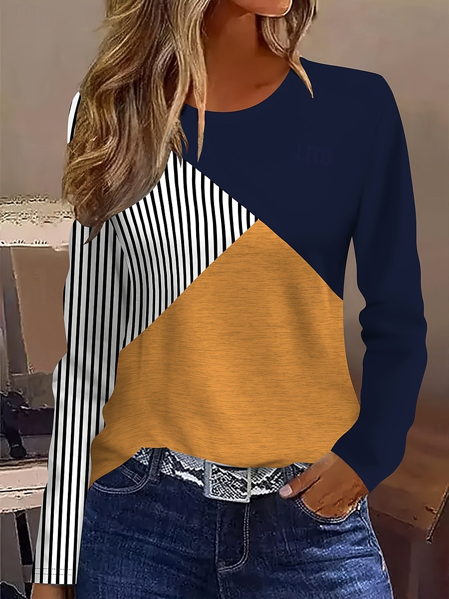 Per donna Maglietta Stampato Grafico Geometrico Blocco di colori Vintage Elegante Classico Manica Lunga Girocollo Top Regolari Quotidiano Giallo Autunno Inverno del 2026 a $24.99 –P1