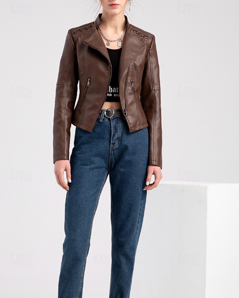 Per donna Giacca in Ecopelle Confortevole Cerniera Tasca Casual Semplice Vacanza Abbigliamento quotidiano Uscire Weekend Regolare Collo ripiegato Vestibilità regolare Manica Lunga Capispalla Nero del 2025 a $53.99 –P3