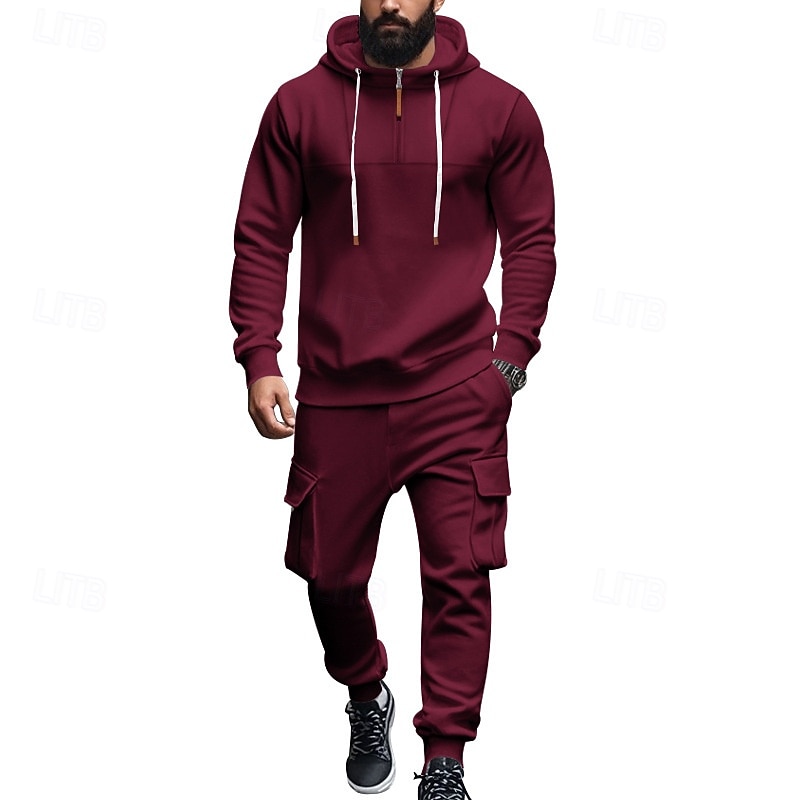 Homme Ensemble Survetement Ensemble de tenues Ensemble de sweats à capuche Sweat à Capuche Extérieur Quotidien Sports Cordon de serrage Avec Poches Uni Rouge vin Noir Blanche Polyester Tenues de Sport de 2026 ? $57.99 –P14