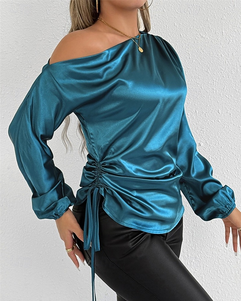 Mulheres Camisa Social Elegant Elegante Top de cetim Assimétrico Côr Sólida Elegante à moda Básico Manga Longa Ombro a Ombro ombro frio Tops regulares Diário Para Noite Azul Primavera Outono de 2026 por $28.99 –P3