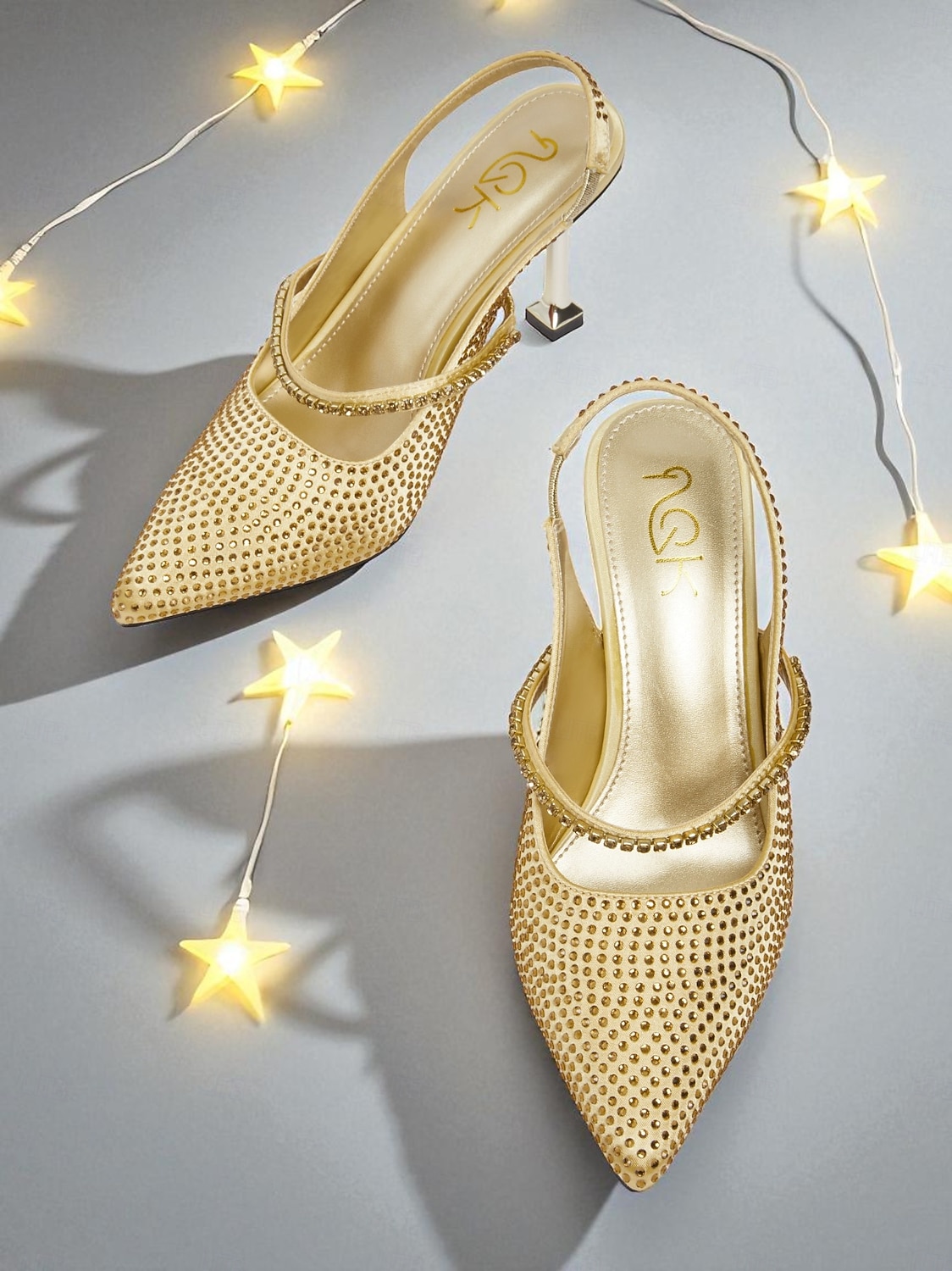 női arany strasszos hegyes orrú magassarkú - csillogó, slingback participő éjszakai életbe és koktélpartikra 2025 - $34.99 –P4