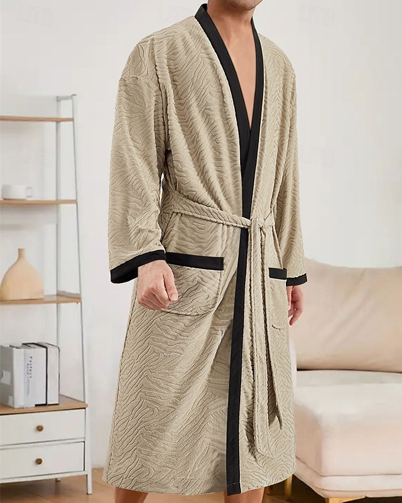 Herr Pyjamas Sovkläder Badrock Slät Mode Stylish Klassisk Hem Dagligen Säng Polyester Komfort Mjuk V-hals Långärmad Ficka Inkl. bälte Vår Höst Svart Vit 2025 - $27.99 –P2