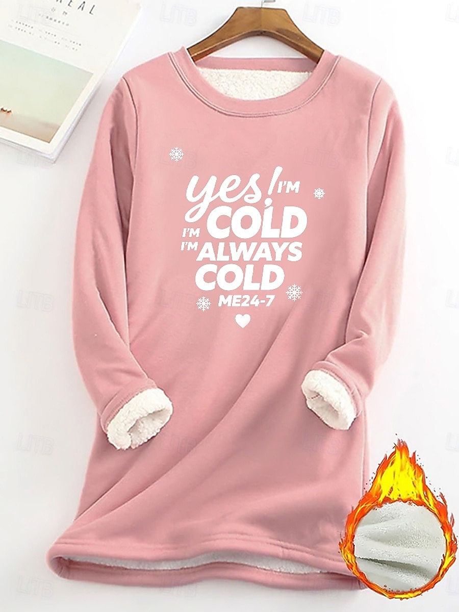 2025年 レディース プルオーバー スウェットシャツ yes im cold グラフィック レター 暖かい カジュアル ふわふわ 長袖 クルーネック ラウンドネック ロング トップス ストリート カジュアル ライトピンク ブラック ダークピンク ブルー 春 秋 冬  コレクション – $23.99 –P9