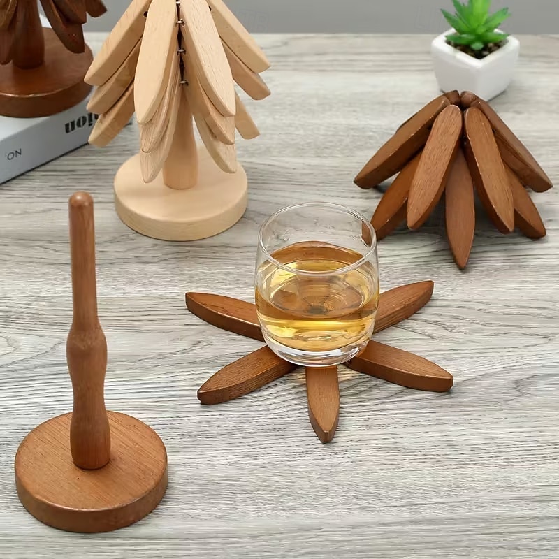 ensemble de dessous de plat en bois naturel, 3/4/5 dessous de plat en bois &1 support comme un sapin de Noël, dessous de plat de cuisine pliable naturel pour casseroles, poêles, bols &théières de 2025 ? $12.99 –P14