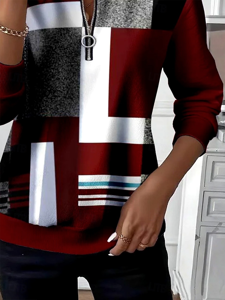 Dam Pullover-tröja Zip Up sweatshirts Lappverk Dragkedja Mönster Grafisk Geometrisk Färgblock Mode Ledigt Långärmad Rund hals Vanliga toppar Gata Vardag Blå Vin Grön Höst Vinter 2026 - $27.99 –P3