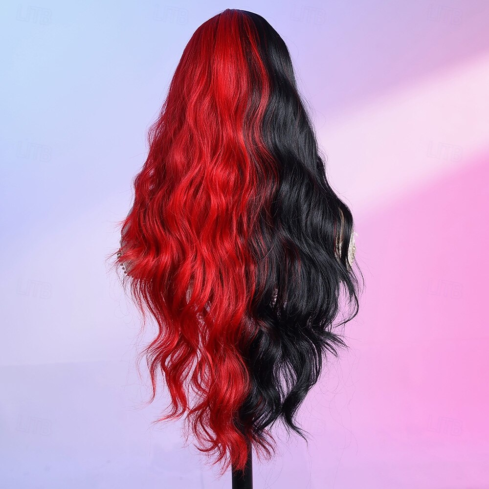 Peruca sintética Ondulado Estilo 28 polegada Multi Cores Parte do meio Parte U Peruca Mulheres Peruca Preto / Vermelho de 2026 por $40.99 –P5