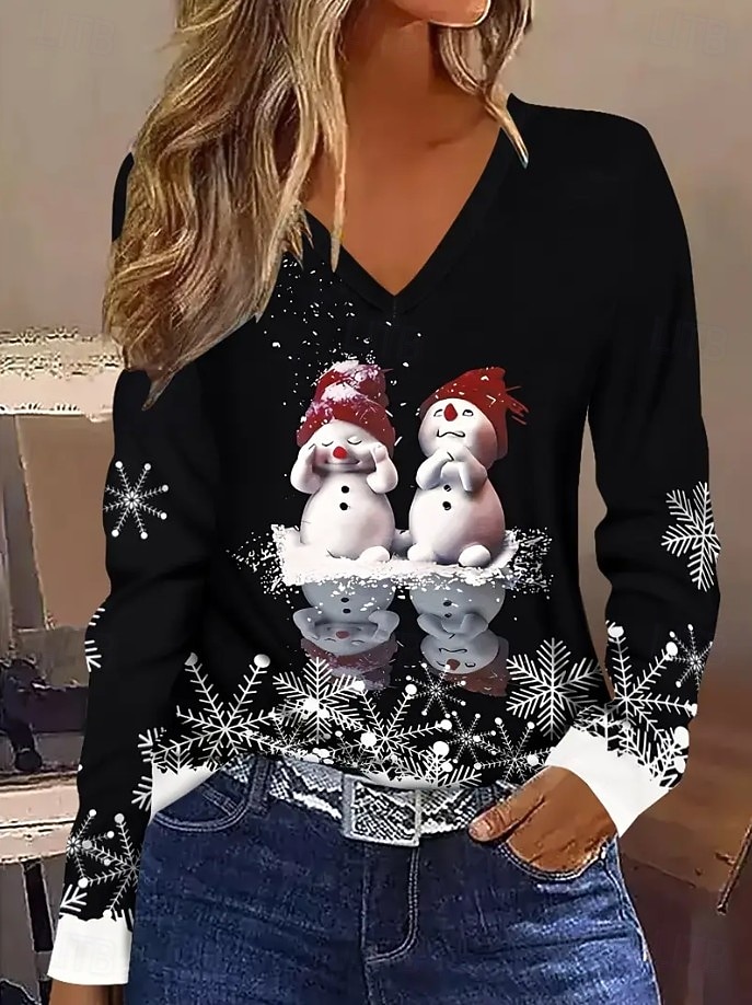 Noël Femmes T-shirt Graphique Bonhomme de neige ancien Élégant Classique manche longue Col en V Hauts Réguliers Quotidien Imprimé Gris / Rouge Noir + blanc + rouge Noir Vin Rouge Printemps Automne de 2025 ? $26.99 –P1