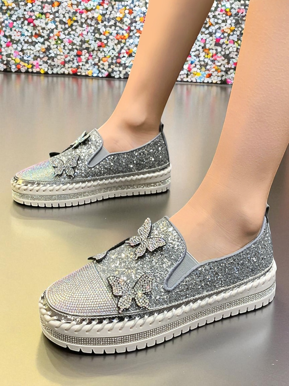 Sneakers slip-on da donna con plateau, glitter viola e design a farfalla in strass - scarpe alla moda per la vita notturna, le feste e le discoteche del 2025 a $32.99 –P7