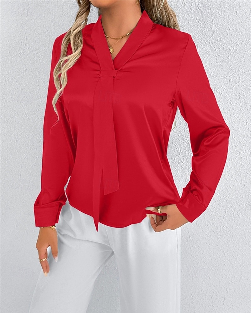 Per donna Camicia Camicia in raso Tinta unica Elegante Casual Manica Lunga Scollo a V Top Regolari Quotidiano Uscire Nodo frontale Rosa Rosso Primavera Autunno del 2025 a $18.99 –P8