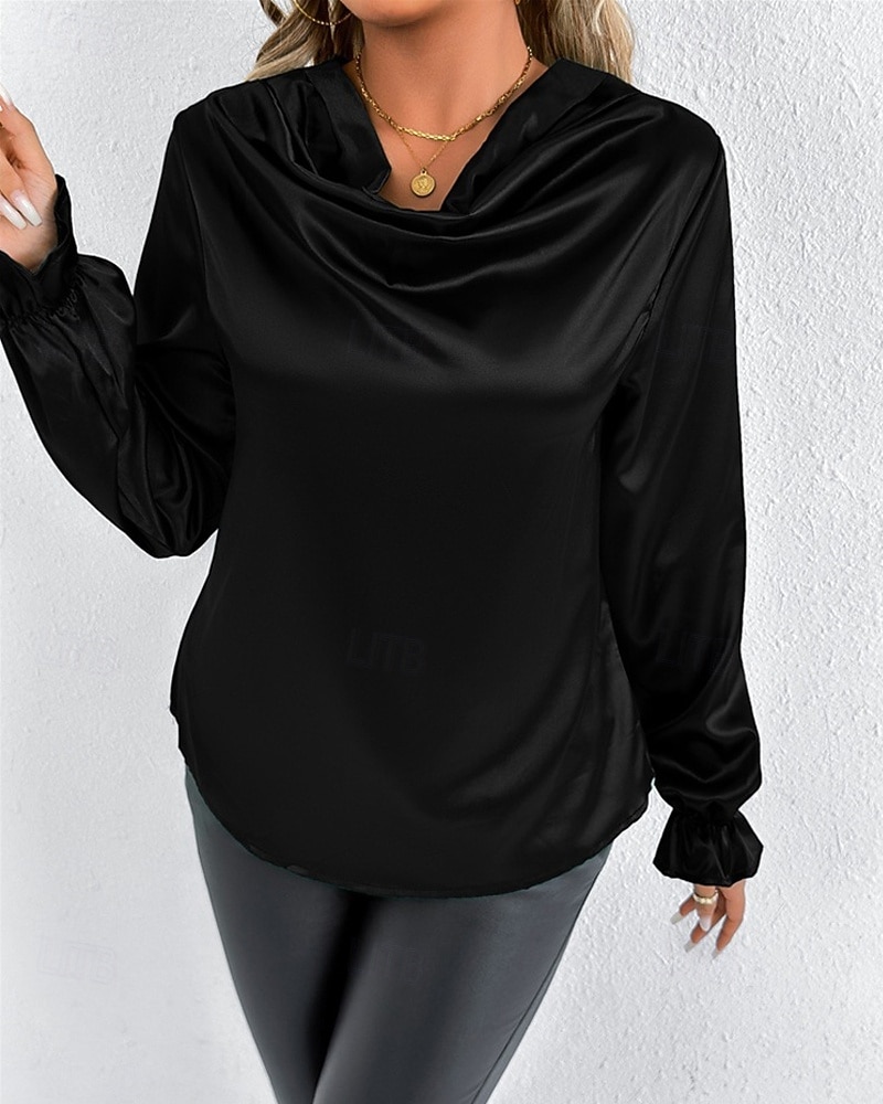 Жен. Рубашка Elegant Нарядный Атласный верх Драпировка Сплошной цвет Стиль На каждый день Длинный рукав Вырез-хомут Обычные топы Повседневные На выход Черный Розовый Зеленый Абрикосовый Весна Осень 2026 - $27.99 –P9