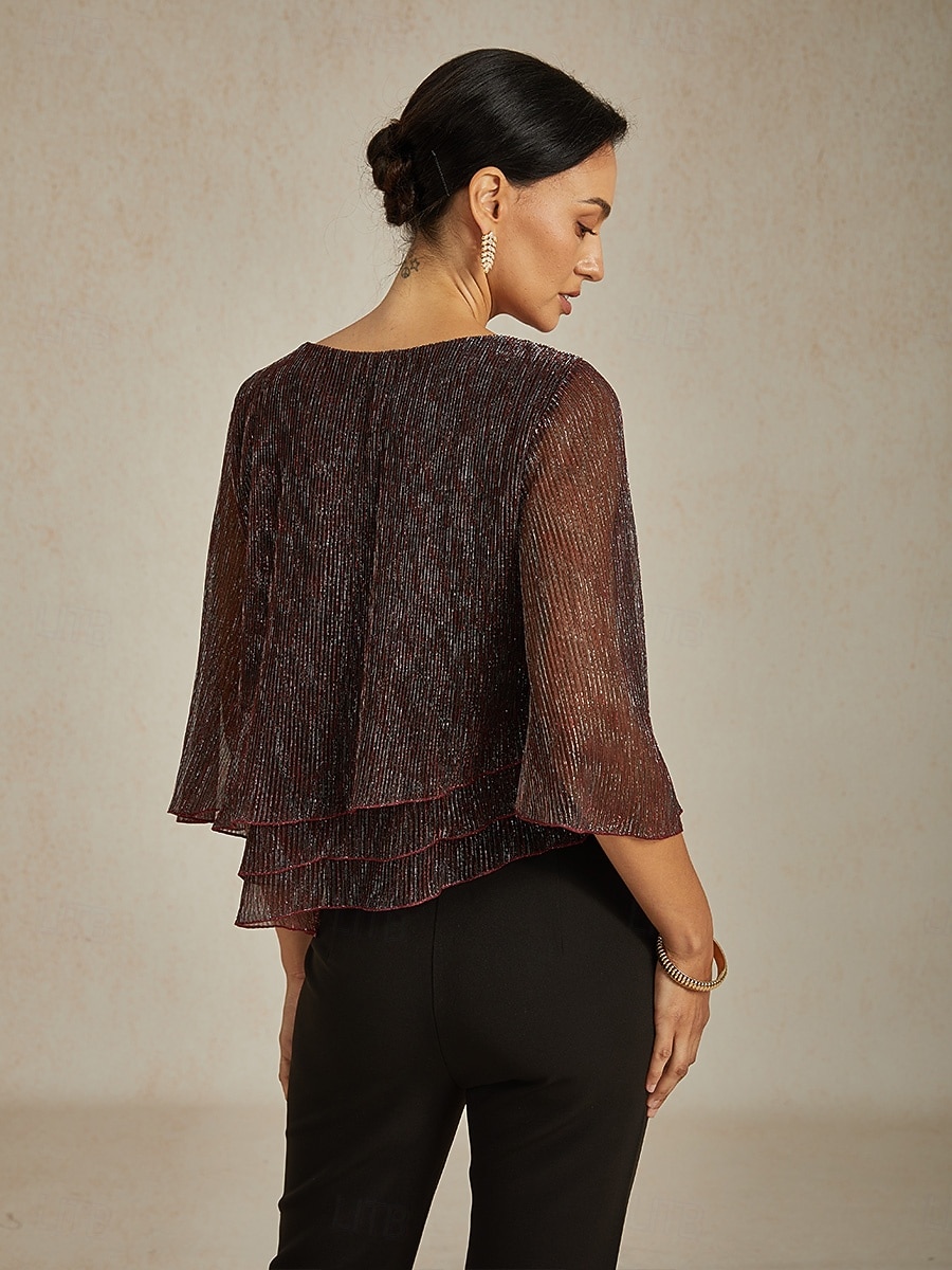 Women's Blouse Dressy Tops Flowy Tops Chiffon Tops Elegant Vintage Stylish 3/4 Length Sleeve Crew Neck Boat Neck Work Daily Date Night Outfits Sequins Pleated Patchwork Wine Spring Fall 2025 - $69.99 –P2