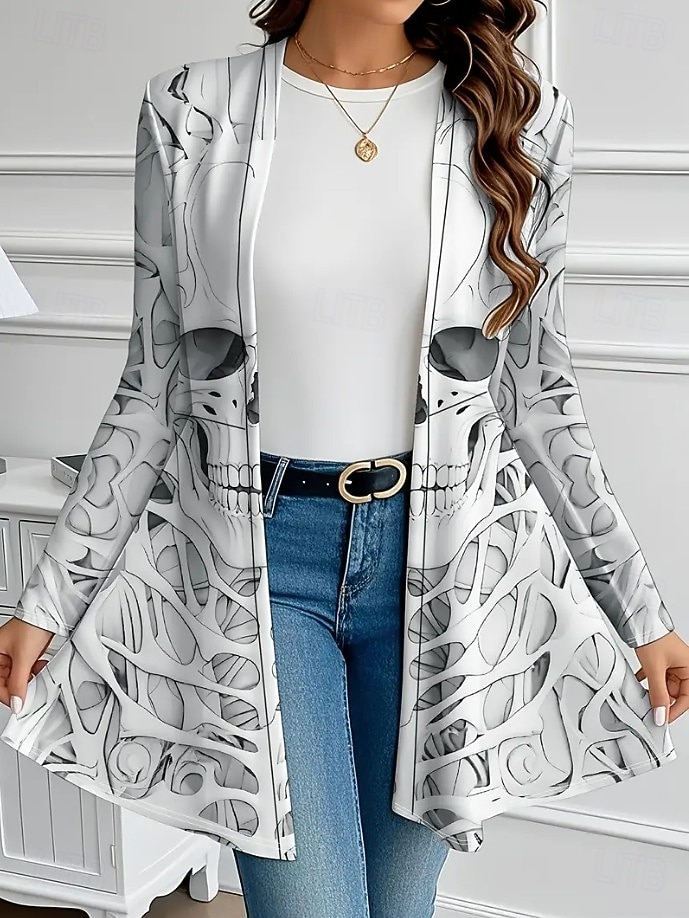 Women's Coat Lightweight Comfortable Skulls Print Vintage Artistic Casual Skull Casual Long Collarless Regular Fit Long Sleeve Outerwear Black White Brown Spring Fall 2026 - $28.99 –P4