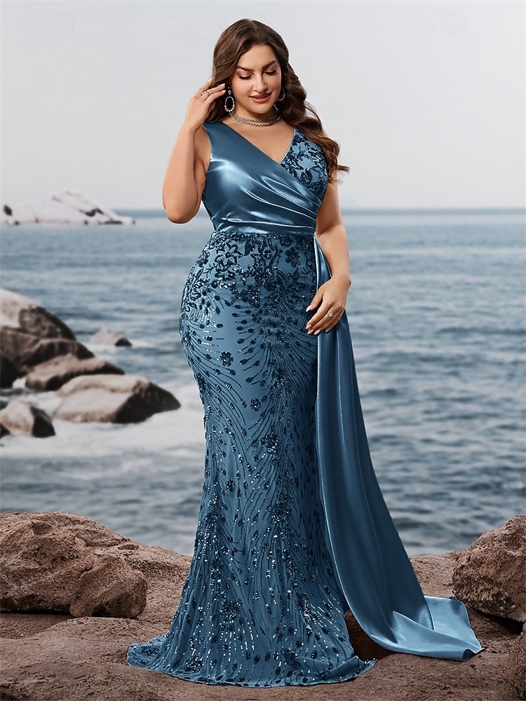 sereia / trompete vestido de noite vestido formal brilhante festa à noite roupa de festa comprimento longo sem mangas decote em v capas com lantejoulas costas em v com xale de lantejoulas de 2025 por $147.99 –P6