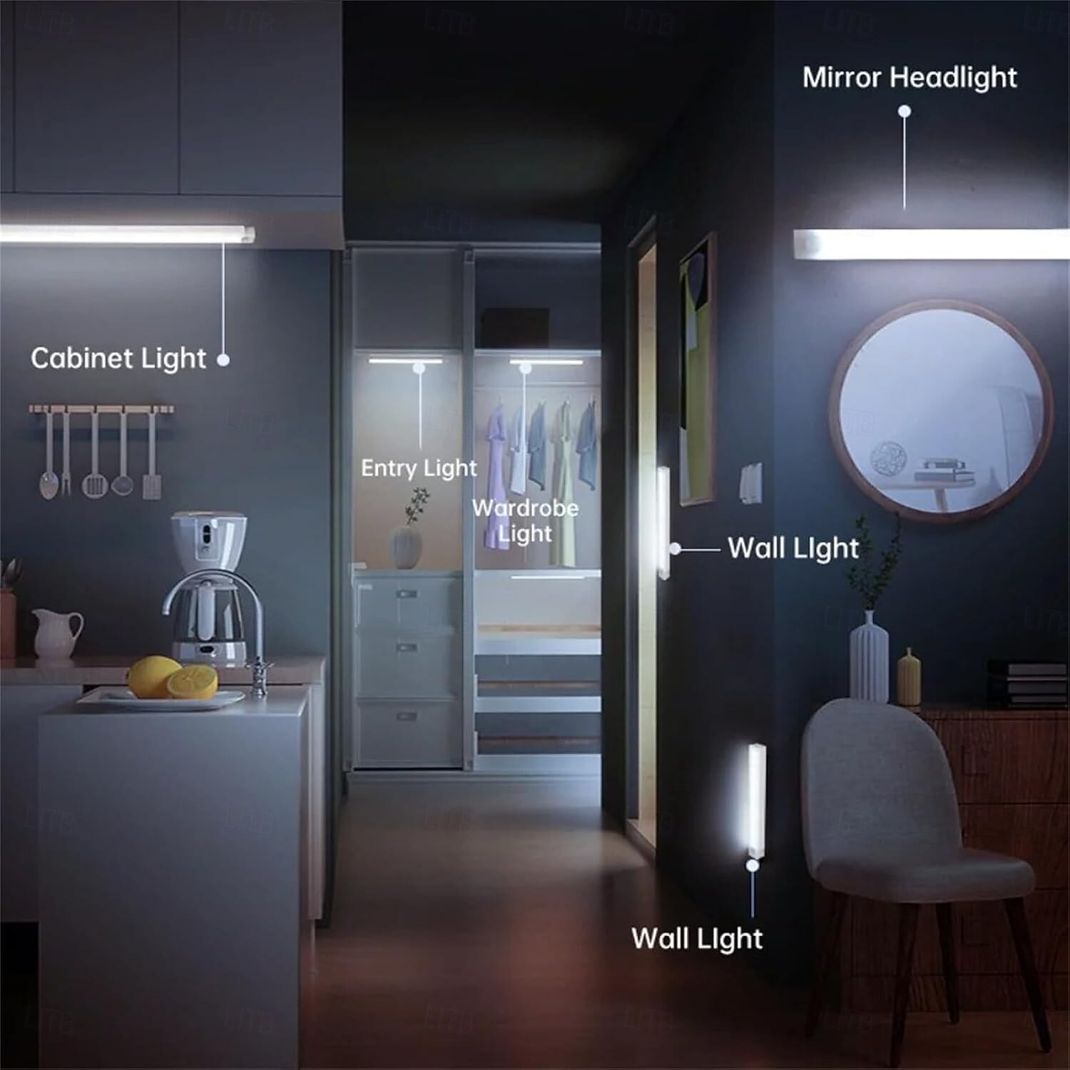 Lampe sous meuble, capteur magnétique intelligent sans perforation, lampes LED rechargeables, veilleuse magnétique sans fil à induction intelligente du corps humain pour cuisine, escaliers, de 2025 ? $14.99 –P4