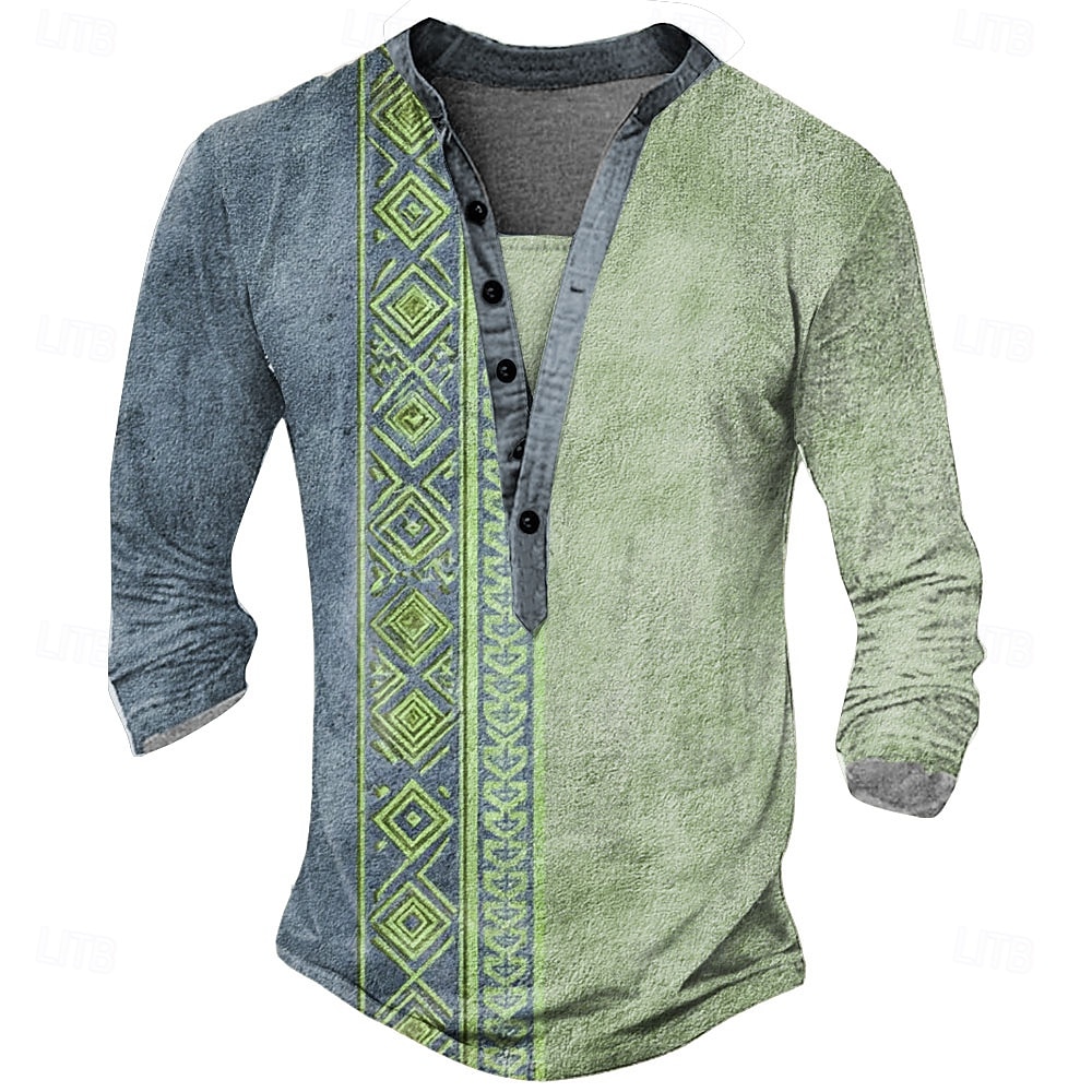 Pánské Geometrický Geleneksel Tričko Tričko Henley Dlouhý rukáv Designové Retro Geleneksel ulice Ležérní Denní Léto Jaro Podzim Zelená Fialová Vodní modrá Khaki Henley Tričko Henley 2025 - $21.99 –P3