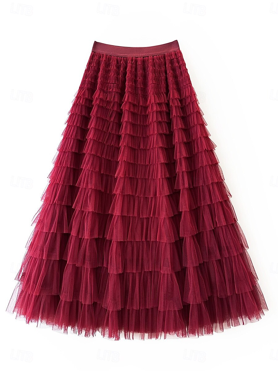 Femmes Jupe Trapèze Élégant Mode Occasionnel Maxi Taille haute Jupes Uni Superposé Micro-Élastique Soirée Rue Vin Noir Blanche Rose Printemps Chiffon Tulle de 2025 ? $29.99 –P6