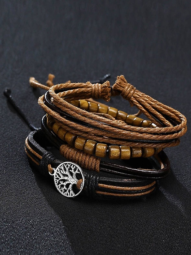flerlags armbåndsett i ekte skinn for menn – bohemsk perlebesatt livets tre-armbånd for uformelt bruk, fest og reiser 2026 - $9.99 –P6