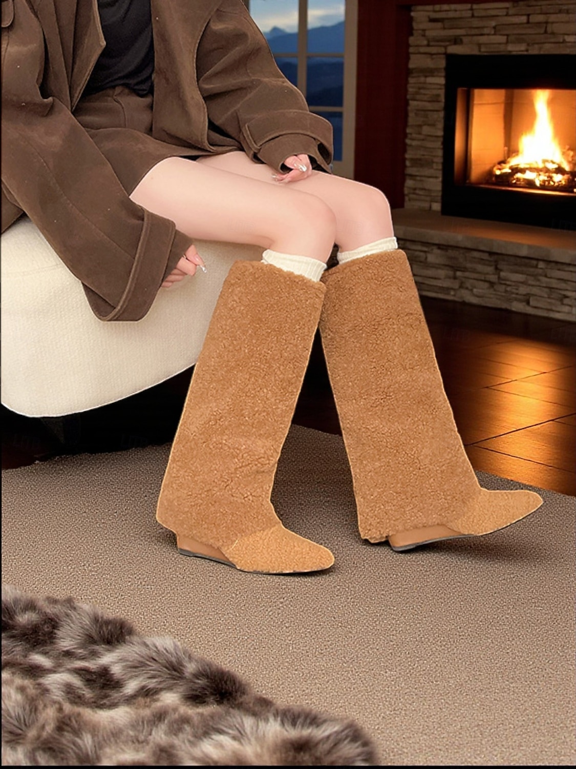 Cizme de damă până la genunchi, albe, din fleece, pantofi de iarnă călduroase și confortabili, cu vârful ascuțit, pentru ținute casual de oraș 2026 - $54.99 –P1