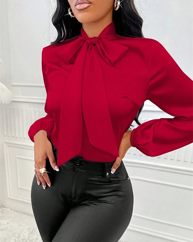 Women's Shirt Elegant Dressy Satin Top Bow Solid Color Elegant Stylish Basic Long Sleeve Tie Neck High Neck Regular Tops Daily Going out Red Spring Fall 2026 - $26.99 –P1
