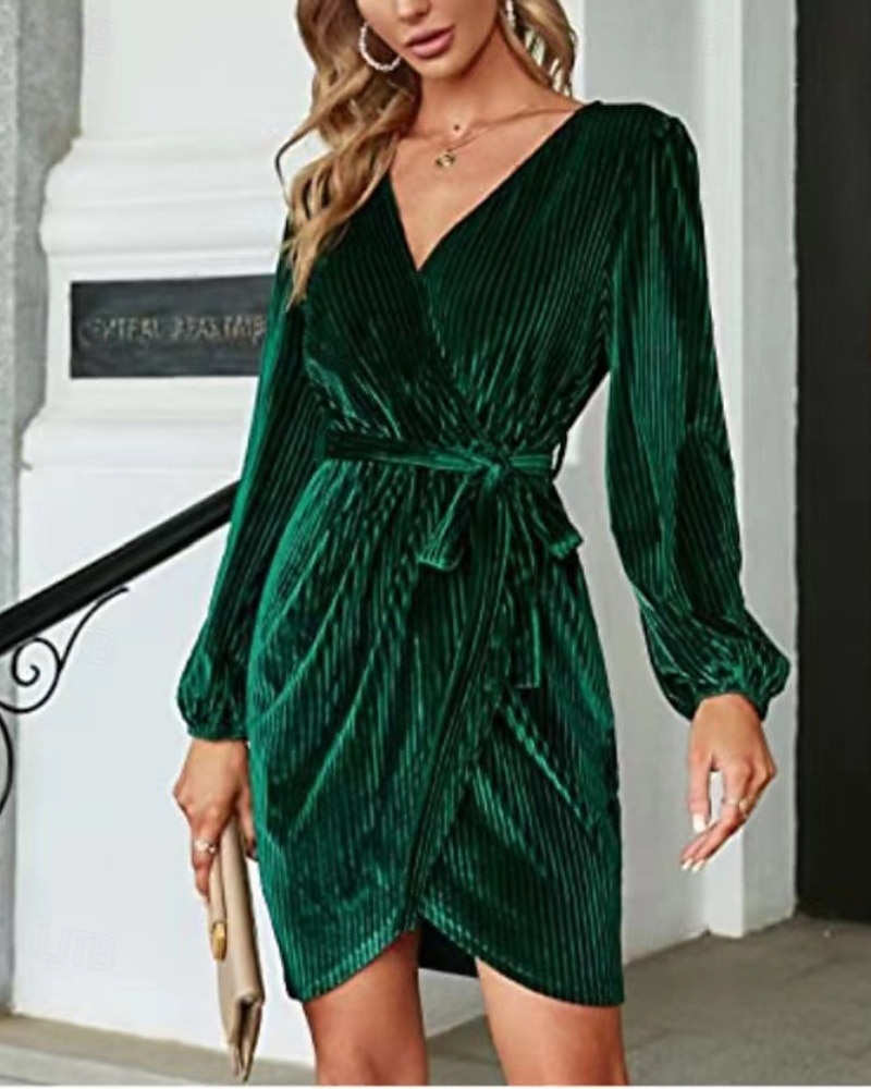 Damen Minikleid Samtkleid Partykleid Elegant Modern Party Abendgesellschaft Ferien Normale Passform Einfach Langarm V Ausschnitt Wein Dunkelgrün Braun Herbst Winter 2025 - $31.99 –P5