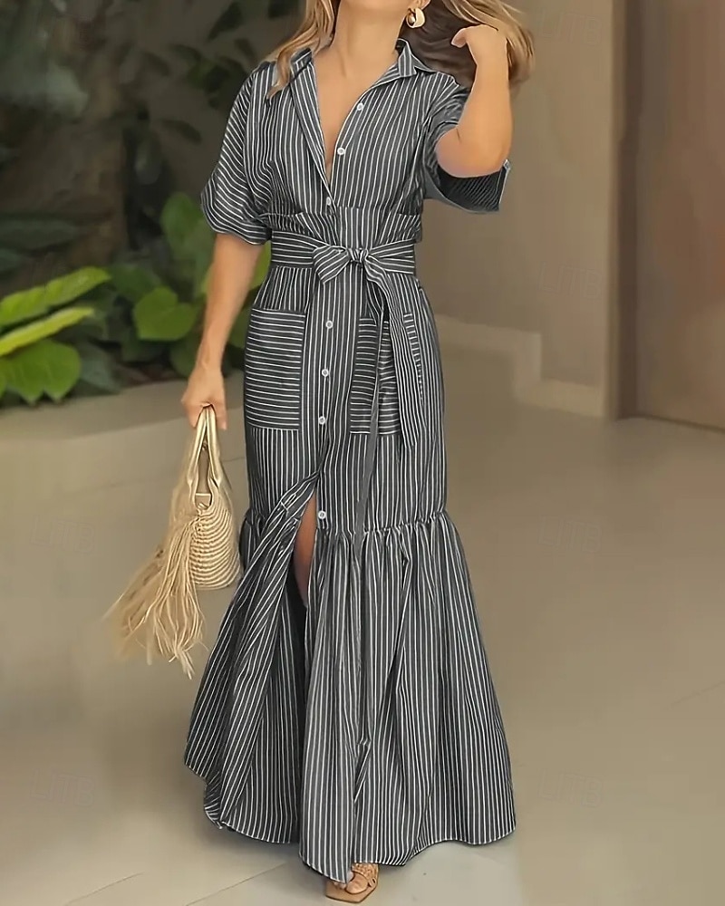 Per donna Abito Lungo Maxi Abito Abito Camicia Moderno Quotidiano All'aperto Vacanza Vestibilità regolare A righe Manica Corta Girocollo Colletto a Camicia Blu Magenta Nero Rosa Primavera Autunno del 2026 a $29.99 –P9