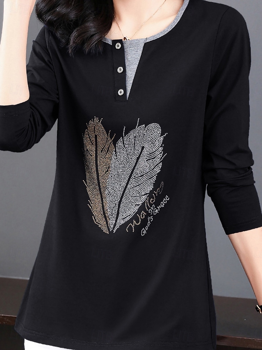 Damen Bluse Feder Stilvoll Lässig Langarm Rundhalsausschnitt Normale Oberteile Täglich Patchwork Salbeigrün Schwarz Rosa Rote Königsblau Frühling Herbst 2025 - $12.99 –P9