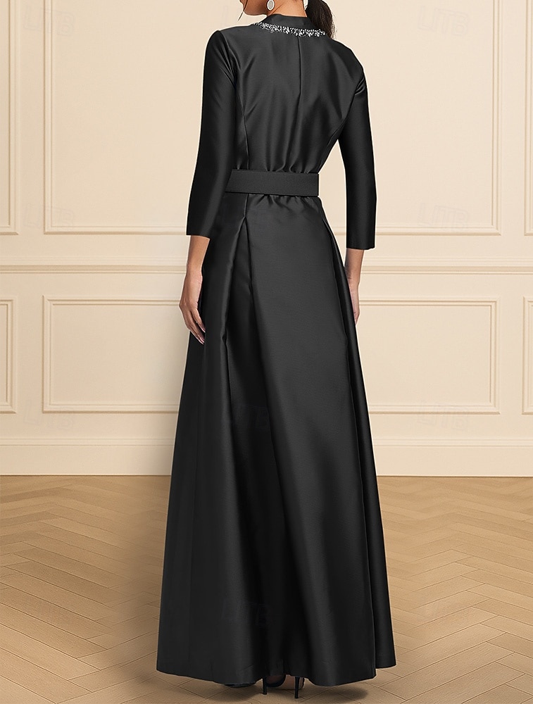 Black A-Line Evening Gown Elegant Formal Dress Formal Wedding Floor Length 3/4 Length Sleeve V Neck Stretch Satin with Crystals 2025 2025 - $164.99 –P3