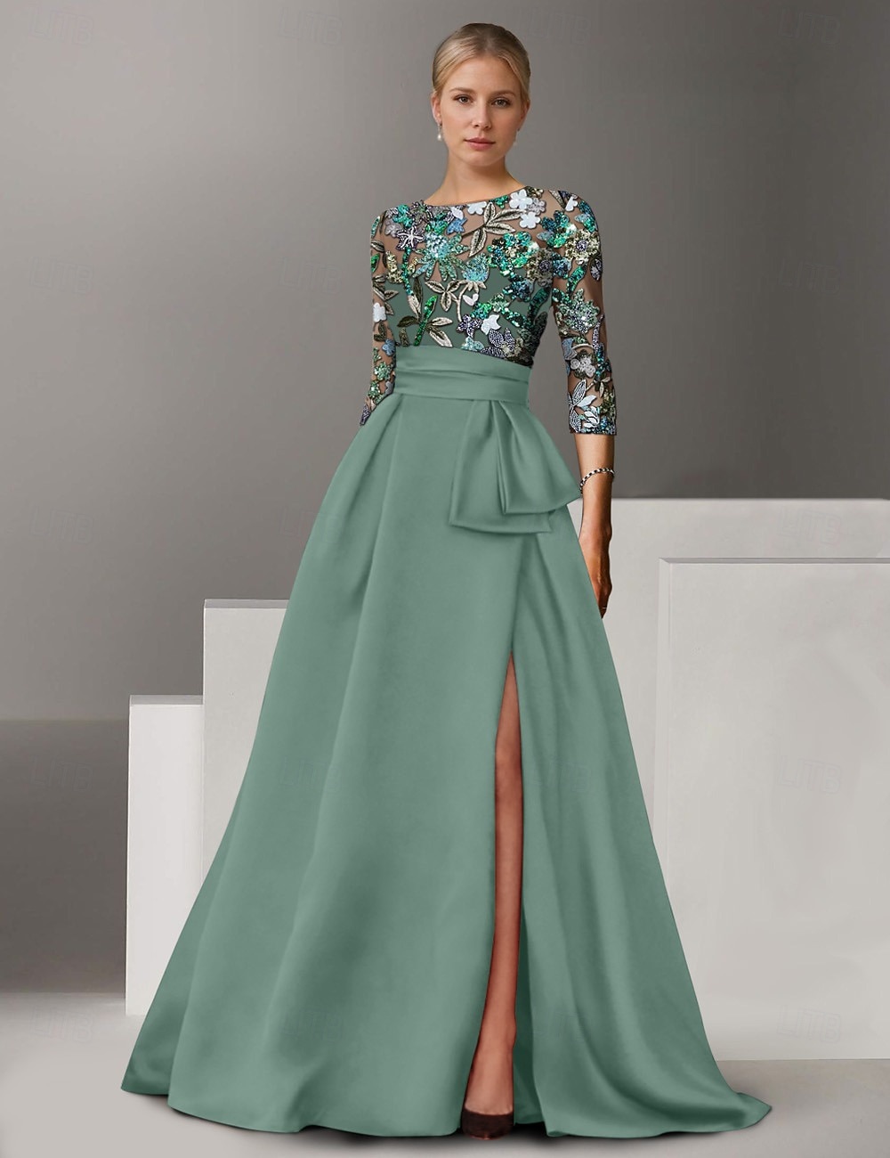 Abito da Sera A-Line Ricamato Floreale Elegante Formale Matrimonio Lungo Fino al Pavimento Mezza Manica Collo a Camicia di Satin con Fiocco(e) Spacco del 2025 a $159.99 –P9