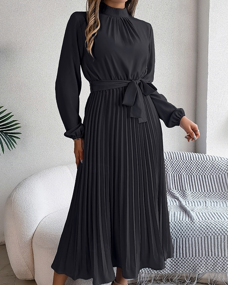 Mulheres Vestido midi vestido de cetim Vestido de festa Vestido Coquetel Vestido franzido Elegante Moderno Festa de Noite Festa Encontro Normal Tecido Manga Longa Colarinho Chinês Preto Rosa Vinho de 2026 por $31.99 –P18